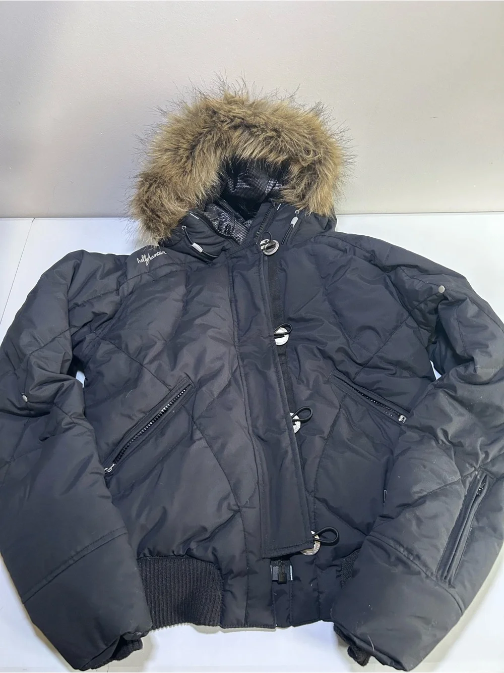 Helly Hansen Women’s Black Down Puffer Bomber Jacket Faux Fur Hood Size Small